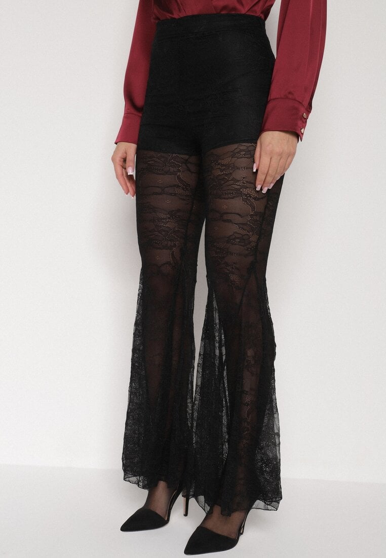 Czarne Koronkowe Spodnie Dzwony z Wysokim Stanem Solifera