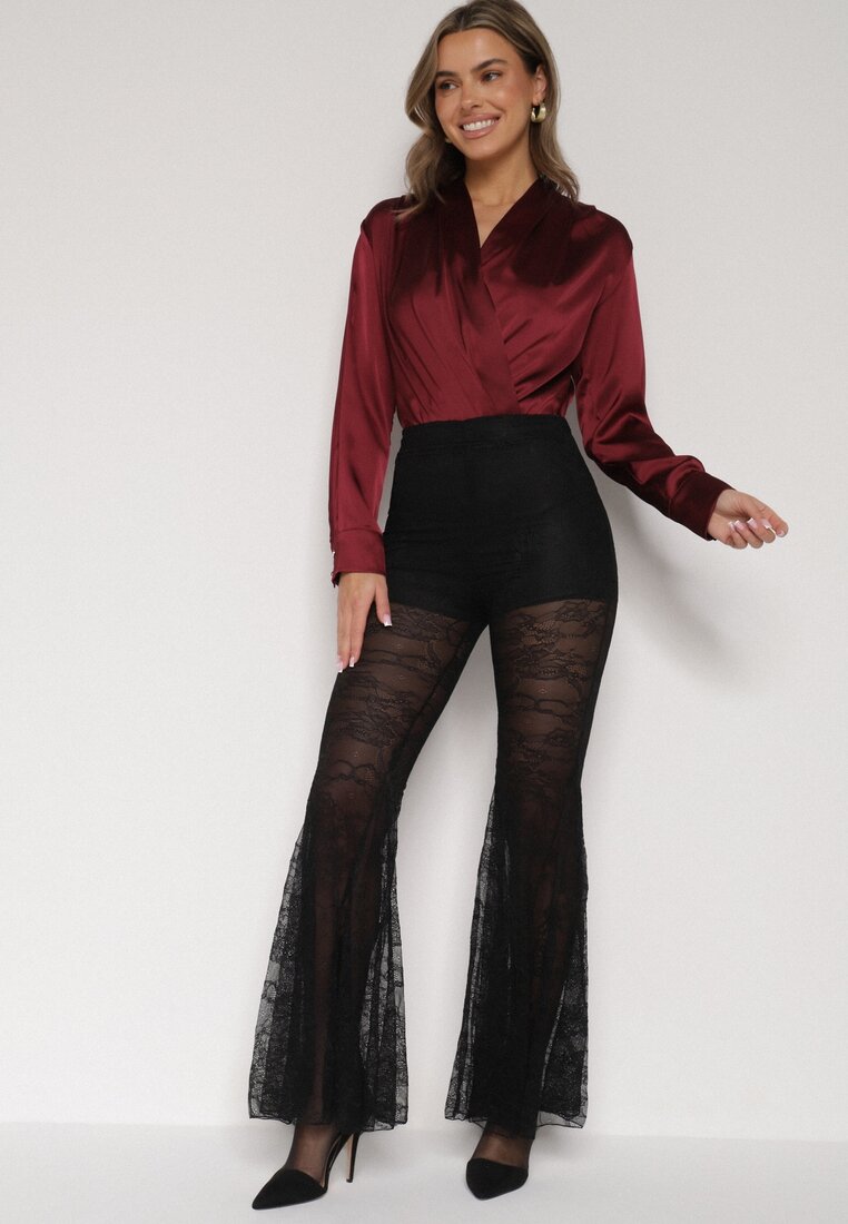 Czarne Koronkowe Spodnie Dzwony z Wysokim Stanem Solifera