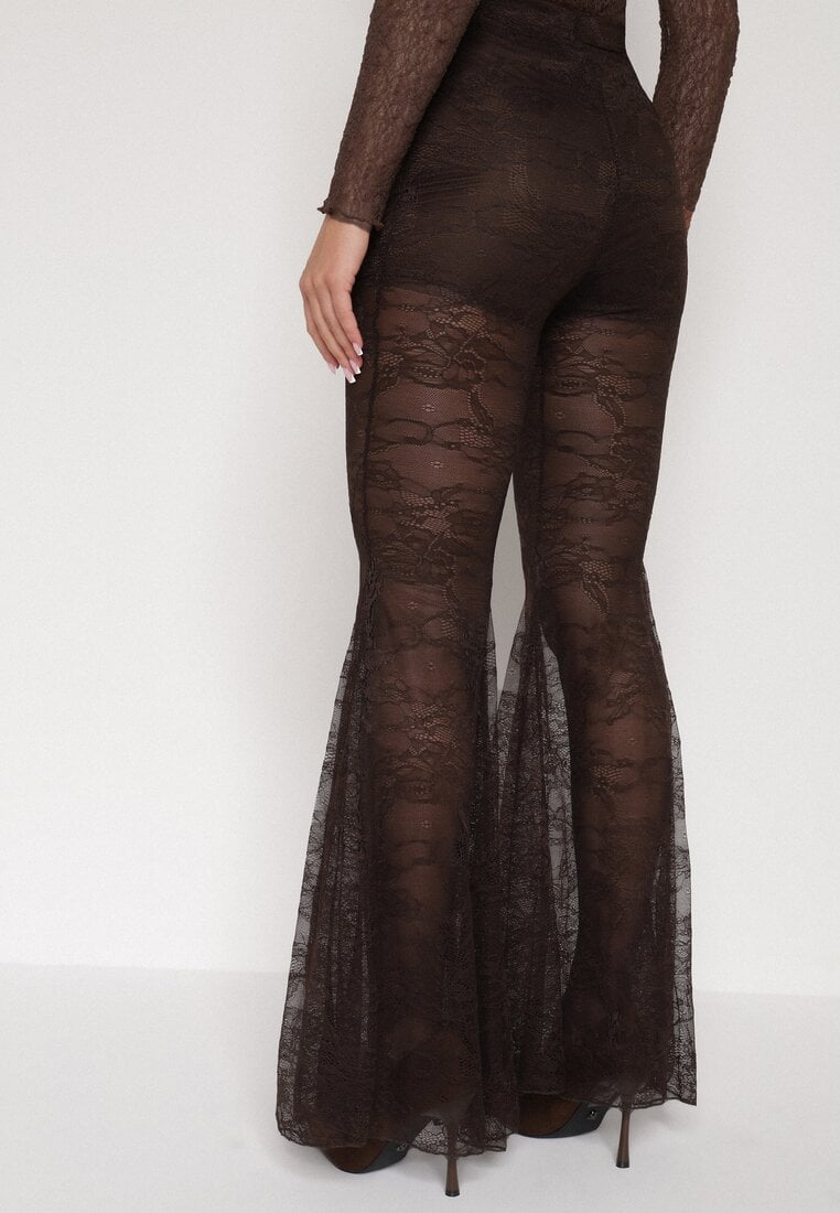 Brązowe Koronkowe Spodnie Dzwony z Wysokim Stanem Solifera