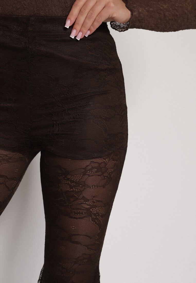 Brązowe Koronkowe Spodnie Dzwony z Wysokim Stanem Solifera