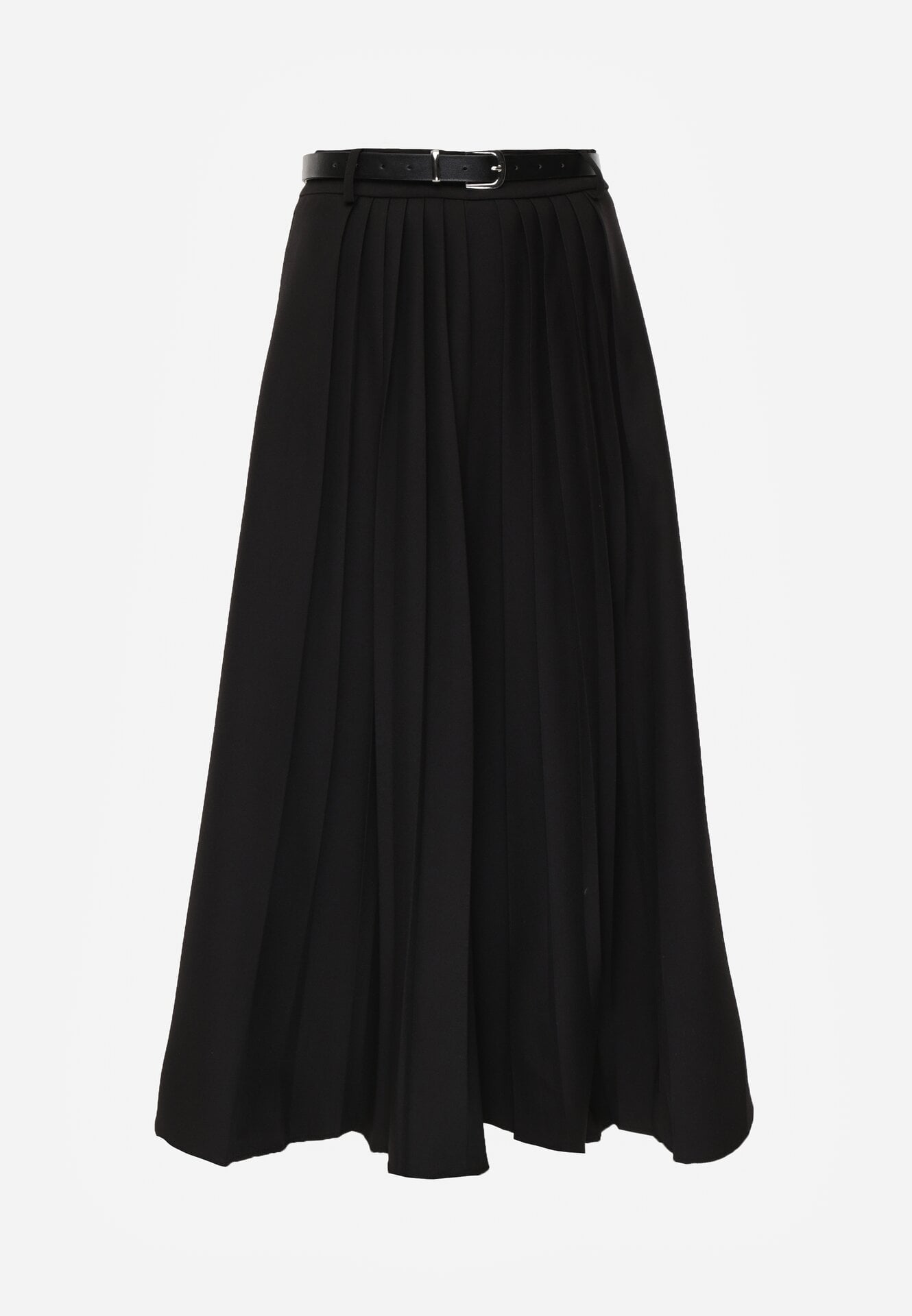 Czarna Wiskozowa Spódnica o Rozkloszowanym Kroju z Paskiem z Klamrą Lawedisa