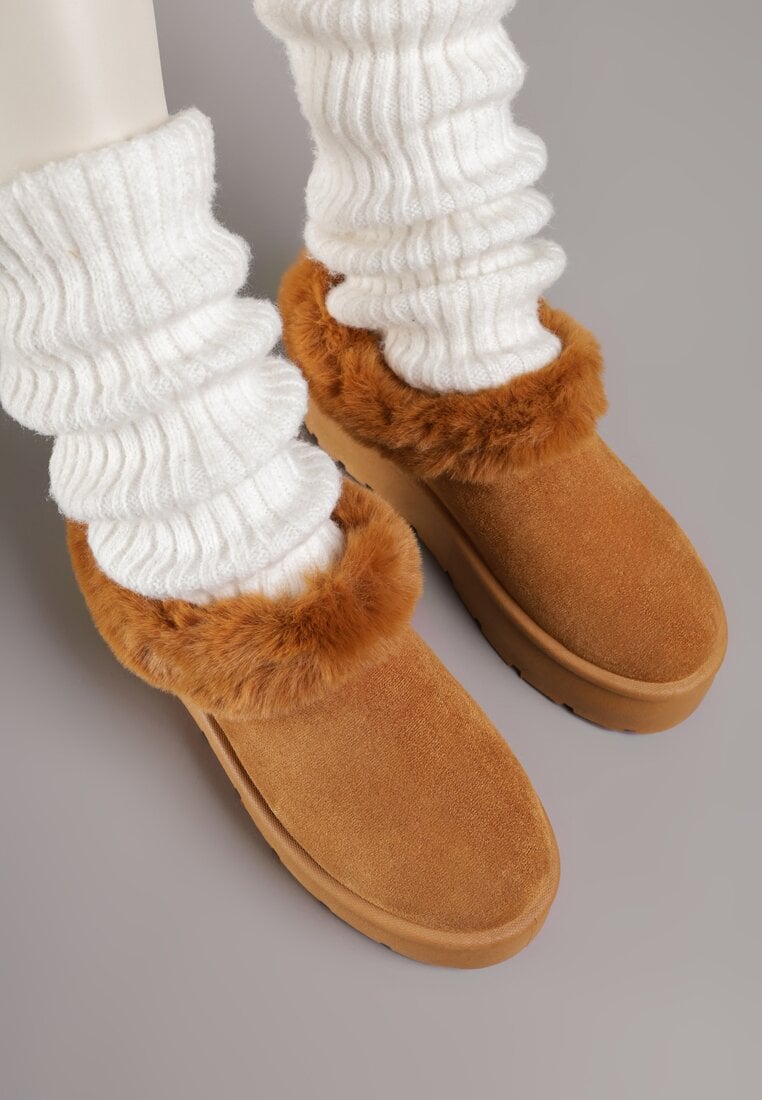 Brązowe Śniegowce na Grubej Podeszwie z Niską Cholewką i Futerkiem Sewone