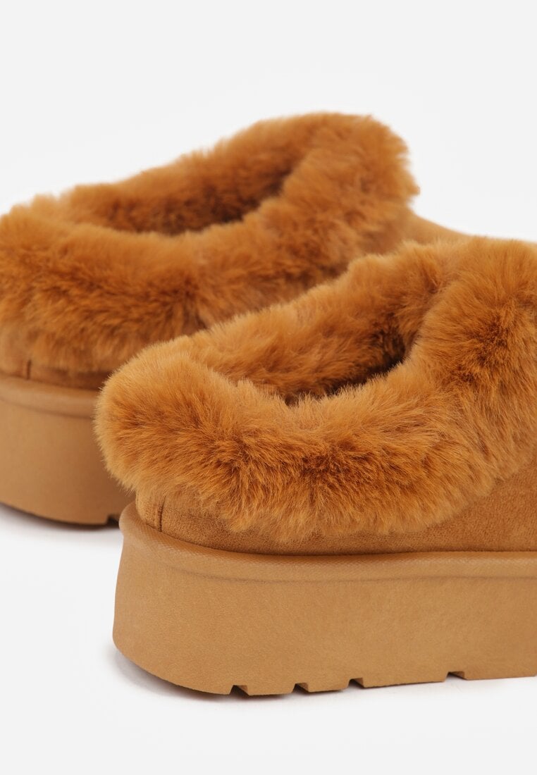 Brązowe Śniegowce na Grubej Podeszwie z Niską Cholewką i Futerkiem Sewone