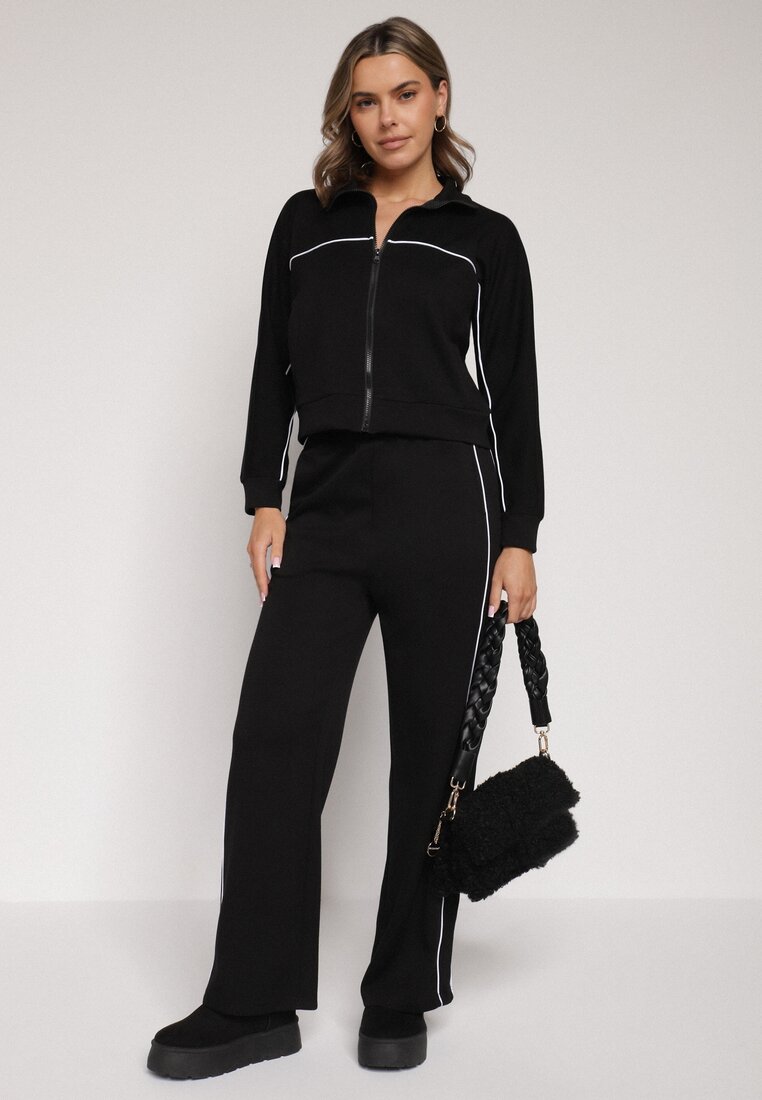 Czarny Retro Komplet Dresowy z Wiskozą Szerokie Spodnie i Bluza ze Stójką Sewelda