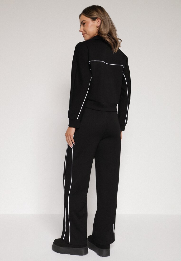 Czarny Retro Komplet Dresowy z Wiskozą Szerokie Spodnie i Bluza ze Stójką Sewelda