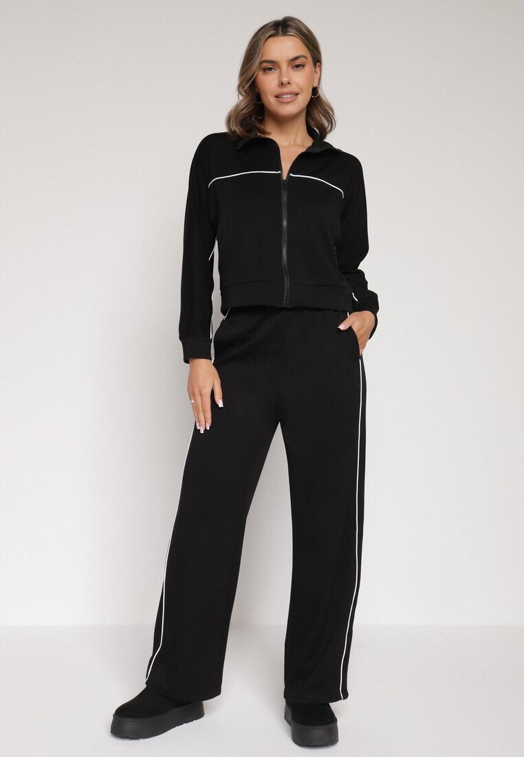 Czarny Retro Komplet Dresowy z Wiskozą Szerokie Spodnie i Bluza ze Stójką Sewelda