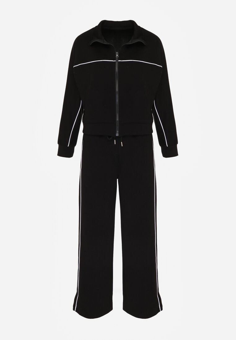 Czarny Retro Komplet Dresowy z Wiskozą Szerokie Spodnie i Bluza ze Stójką Sewelda