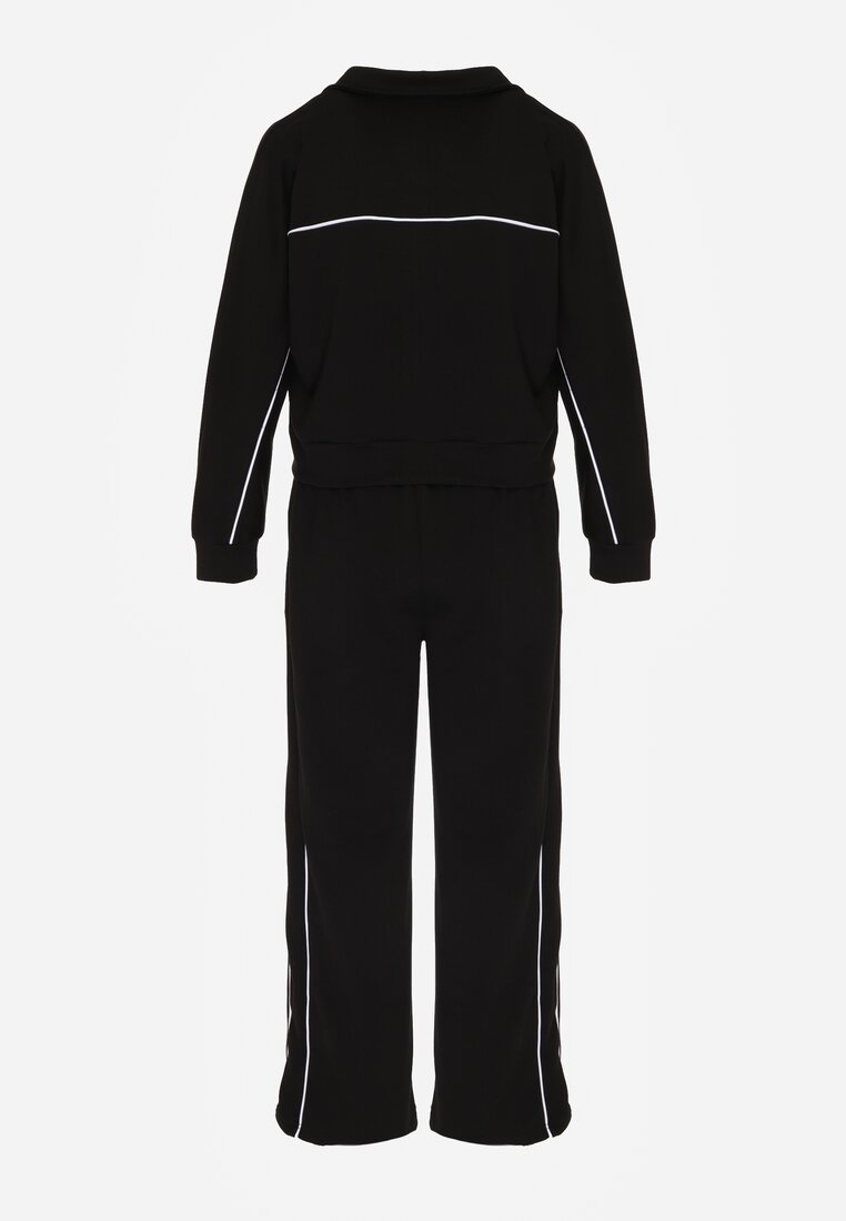 Czarny Retro Komplet Dresowy z Wiskozą Szerokie Spodnie i Bluza ze Stójką Sewelda
