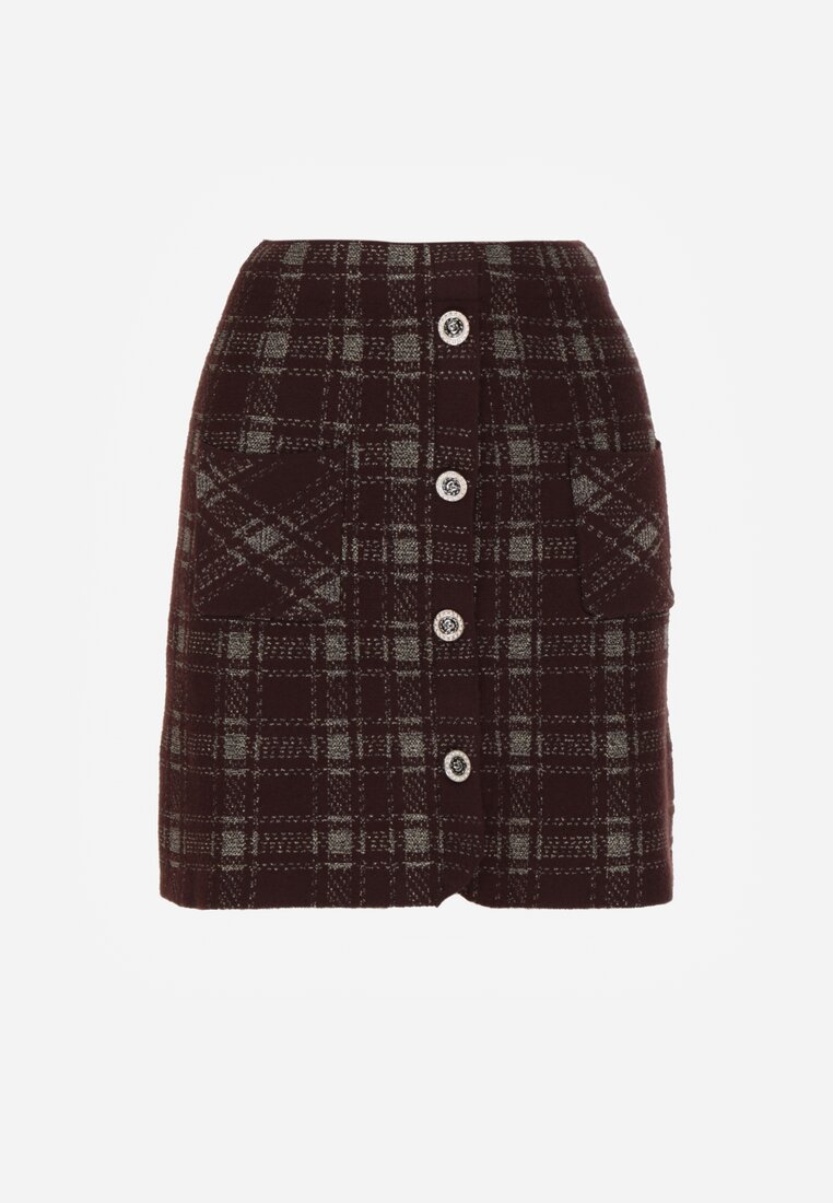 Brązowa Spódnica z Wiskozą Zdobiona Guzikami i Metaliczną Nicią Sewsela