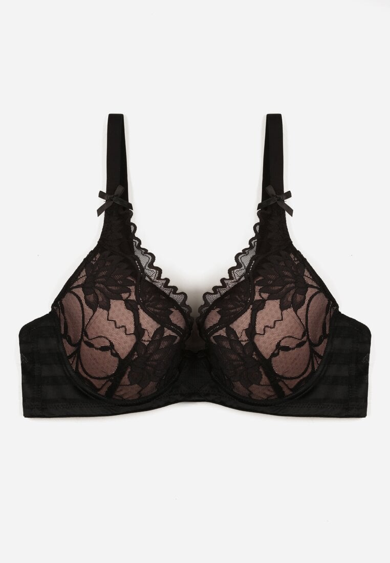 Czarno-Beżowy Biustonosz Koronkowy z Kokardkami  Themikaia