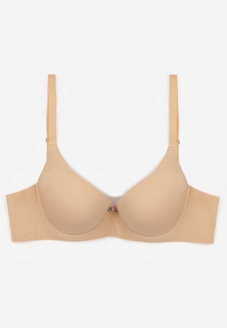 Beżowy Gładki Biustonosz Push-up Halilura