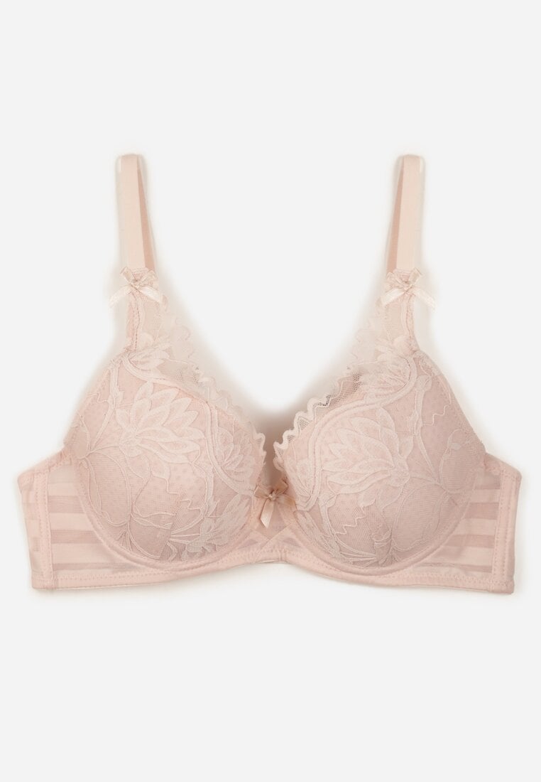 Jasnoróżowy Koronkowy Biustonosz z Ozdobnymi Kokardkami na Ramiączkach Aeleolopei