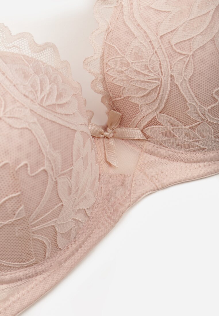 Jasnoróżowy Koronkowy Biustonosz z Ozdobnymi Kokardkami na Ramiączkach Aeleolopei