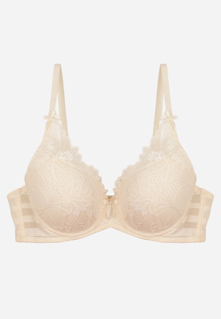 Jasnobeżowy Koronkowy Biustonosz z Ozdobnymi Kokardkami na Ramiączkach Aeleolopei