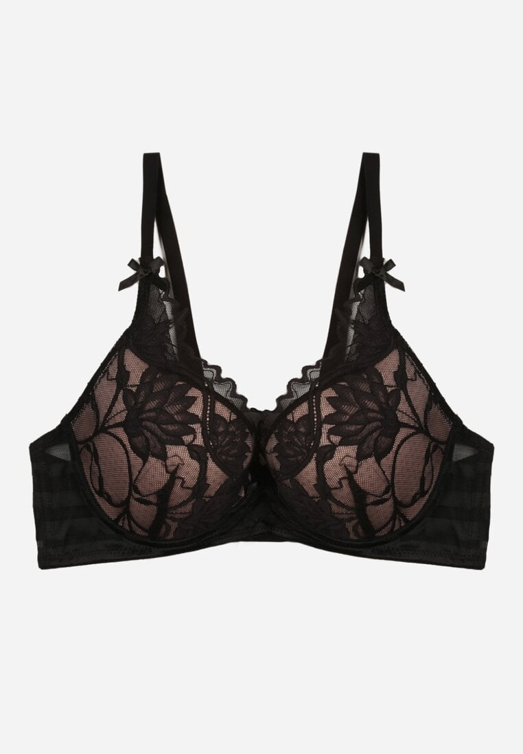 Czarno-Beżowy Koronkowy Biustonosz z Ozdobnymi Kokardkami na Ramiączkach Aeleolopei