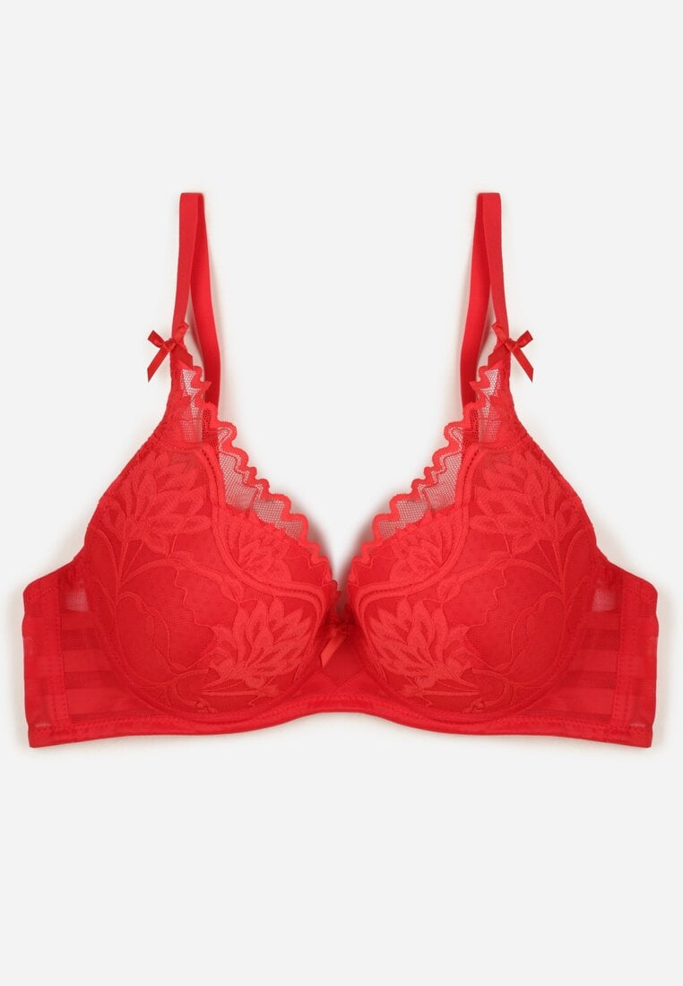 Czerwony Koronkowy Biustonosz z Ozdobnymi Kokardkami na Ramiączkach Aeleolopei