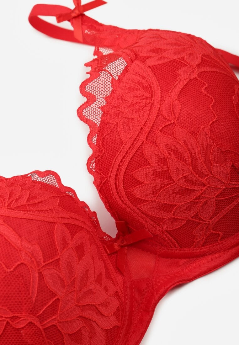 Czerwony Koronkowy Biustonosz z Ozdobnymi Kokardkami na Ramiączkach Aeleolopei