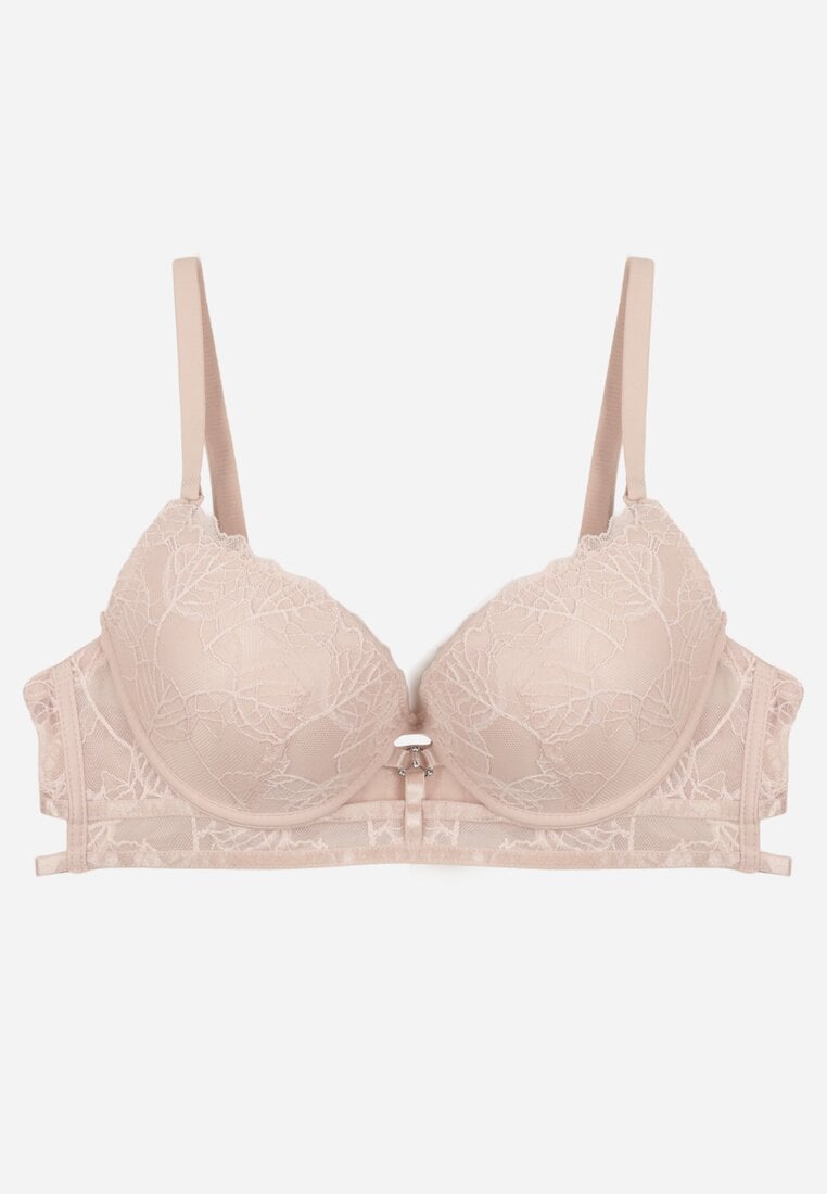 Jasnoróżowy Klasyczny Biustonosz Zdobiony Koronką i Aplikacją Metheis