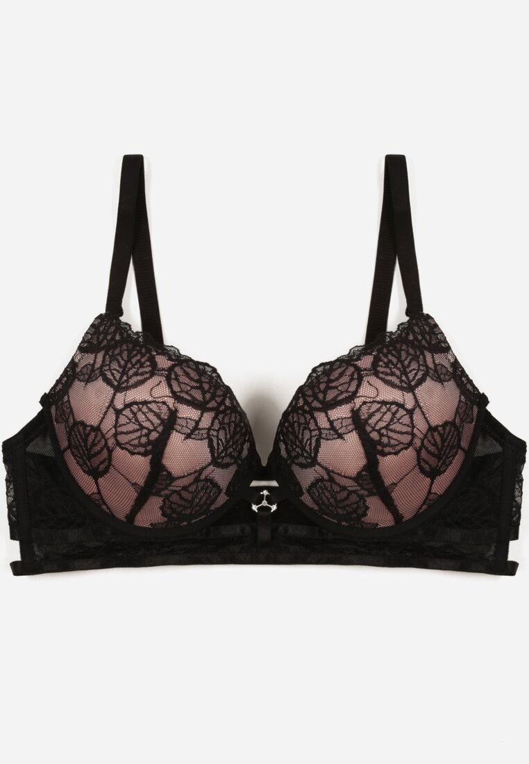 Czarno-Beżowy Klasyczny Biustonosz Zdobiony Koronką i Aplikacją Metheis