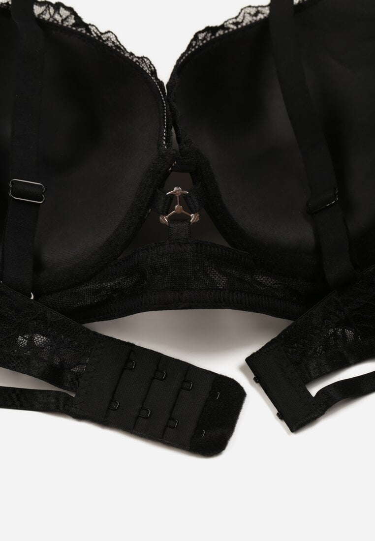 Czarno-Beżowy Klasyczny Biustonosz Zdobiony Koronką i Aplikacją Metheis