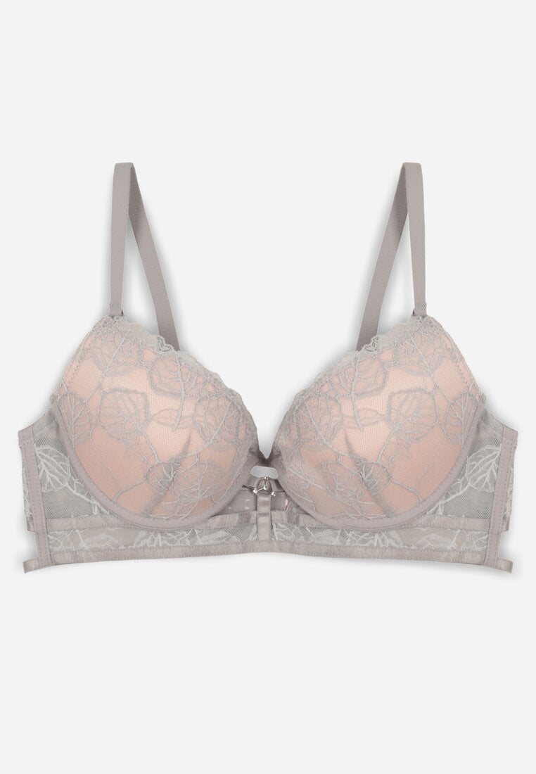 Szaro-Różowy Klasyczny Biustonosz Zdobiony Koronką i Aplikacją Metheis