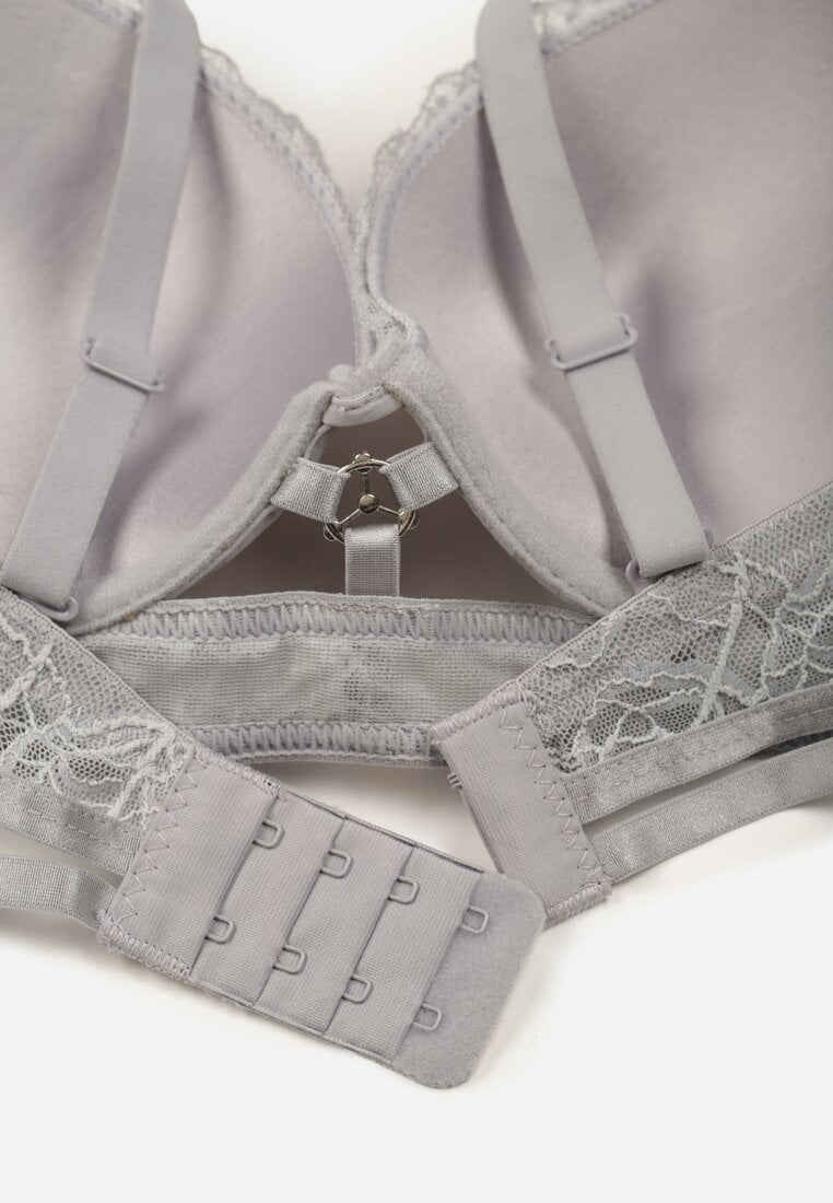 Szaro-Różowy Klasyczny Biustonosz Zdobiony Koronką i Aplikacją Metheis