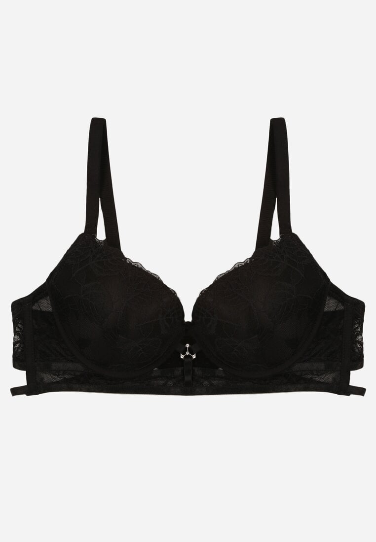 Czarny Klasyczny Biustonosz Zdobiony Koronką i Aplikacją Metheis