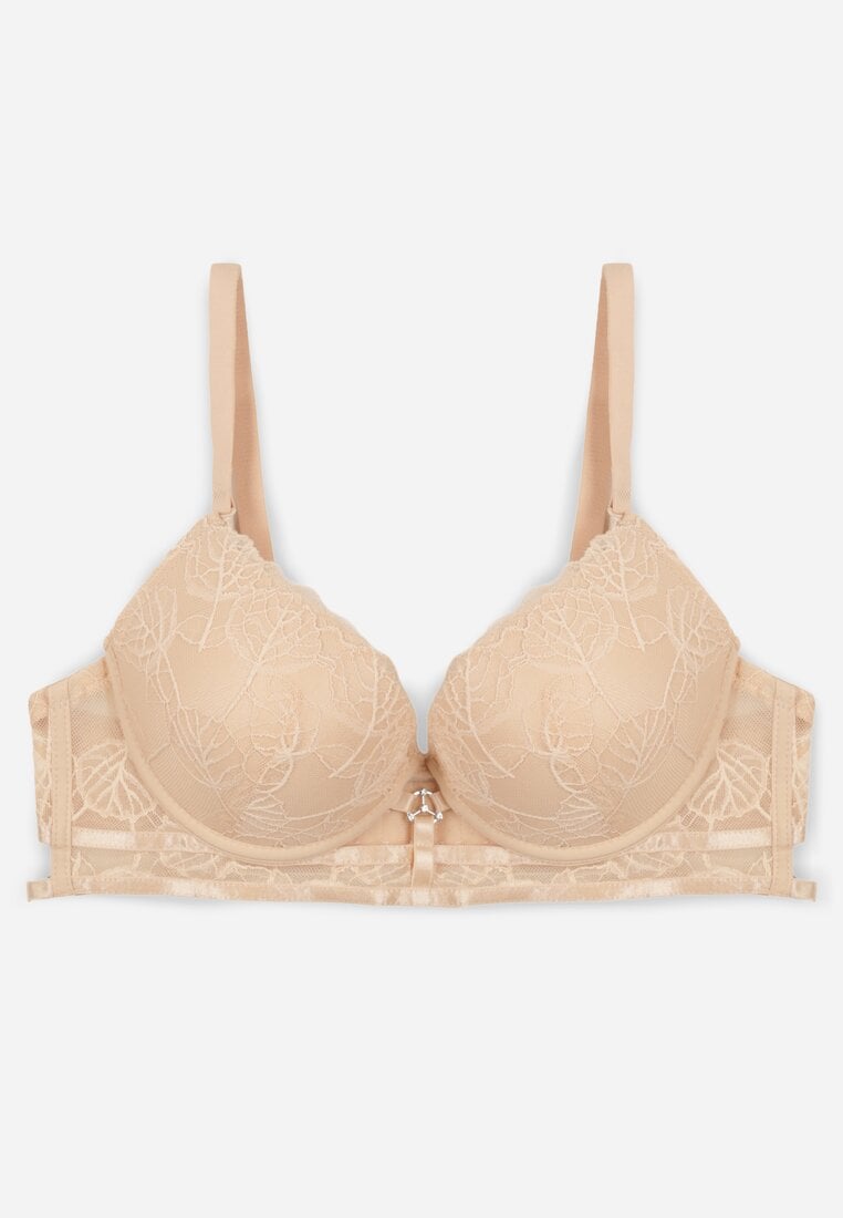 Beżowy Klasyczny Biustonosz Zdobiony Koronką i Aplikacją Metheis