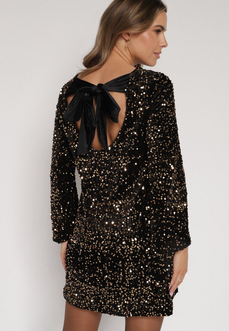 Złota Cekinowa Sukienka z Odkrytymi Plecami i Wiązaniem Diadina