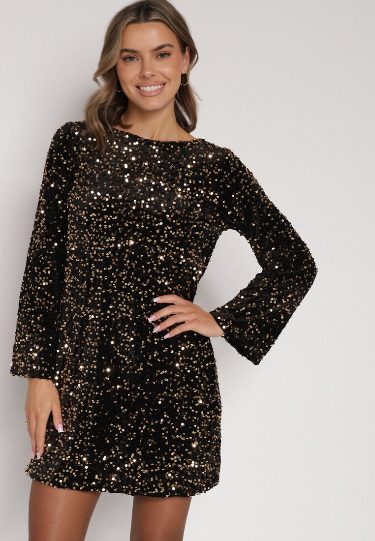 Złota Cekinowa Sukienka z Odkrytymi Plecami i Wiązaniem Diadina