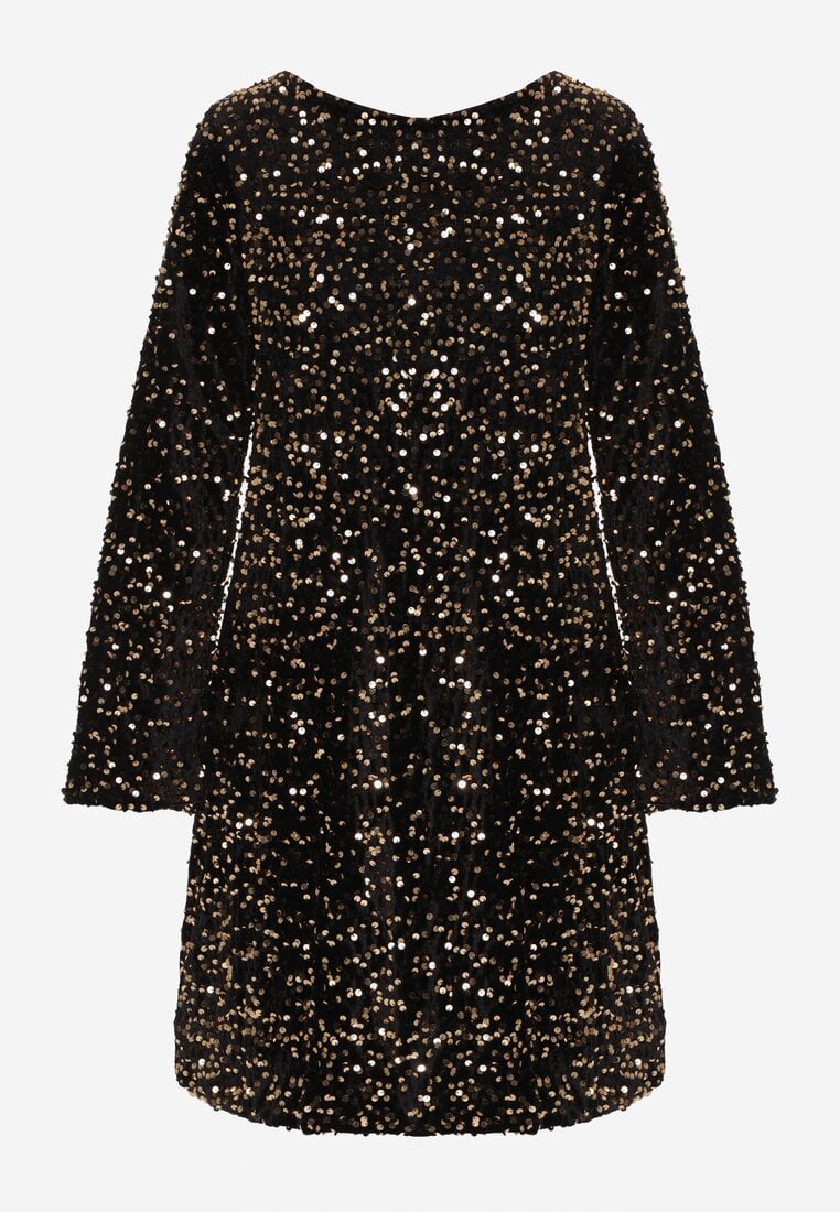 Złota Cekinowa Sukienka z Odkrytymi Plecami i Wiązaniem Diadina