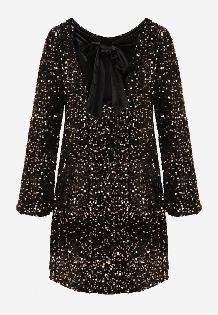 Złota Cekinowa Sukienka z Odkrytymi Plecami i Wiązaniem Diadina