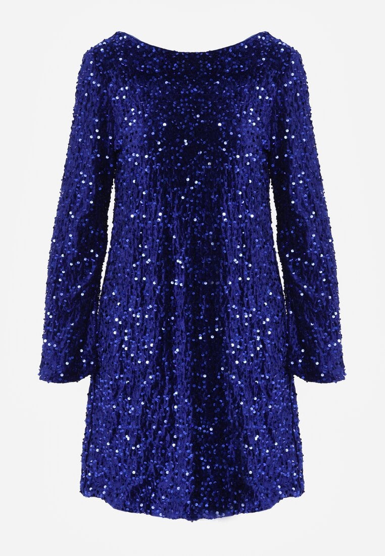 Niebieska Cekinowa Sukienka z Odkrytymi Plecami i Wiązaniem Diadina