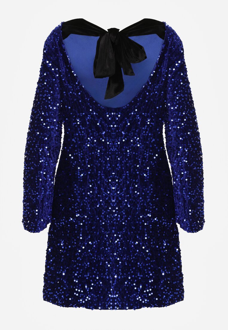 Niebieska Cekinowa Sukienka z Odkrytymi Plecami i Wiązaniem Diadina