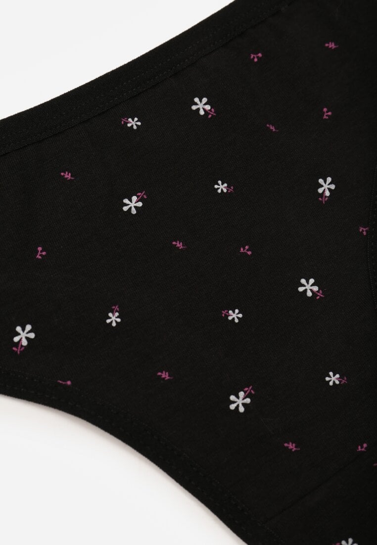 Czarne Majtki Stringi z Bawełną w Kwiaty Calylia
