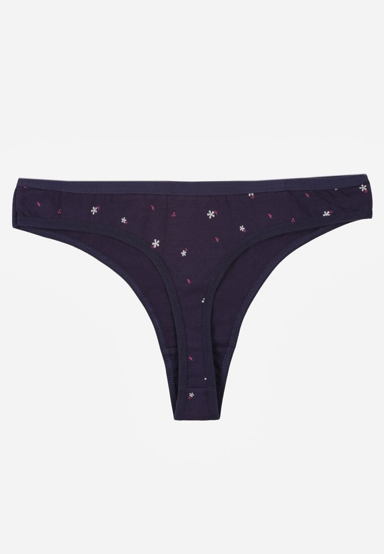 Granatowe Majtki Stringi z Bawełną w Kwiaty Calylia