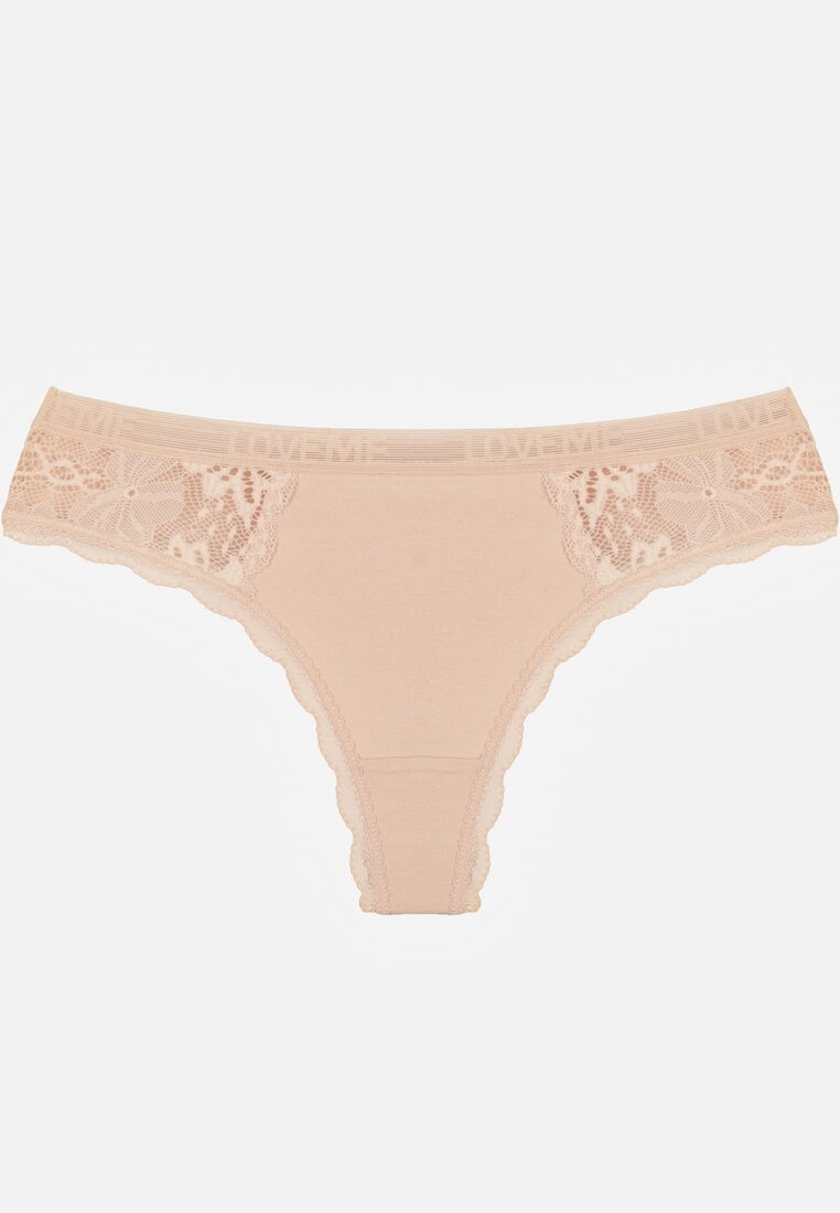 Beżowe Majtki Stringi z Subtelną Koronką z Bawełną Adriedah