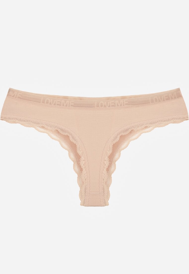 Beżowe Majtki Stringi z Subtelną Koronką z Bawełną Adriedah