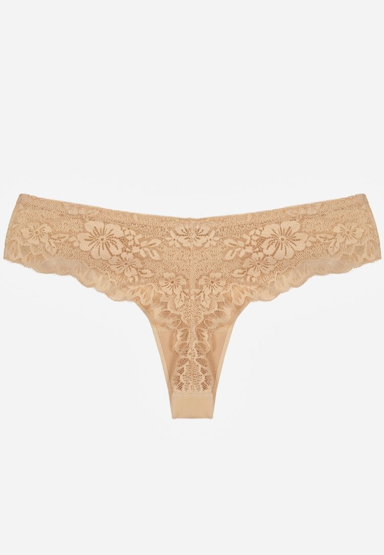 Beżowe Majtki Typu Stringi z Koronką Nedareanes