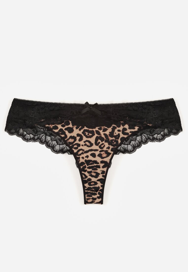 Czarno-Beżowe Majtki Typu Stringi z Koronką Nedareanes