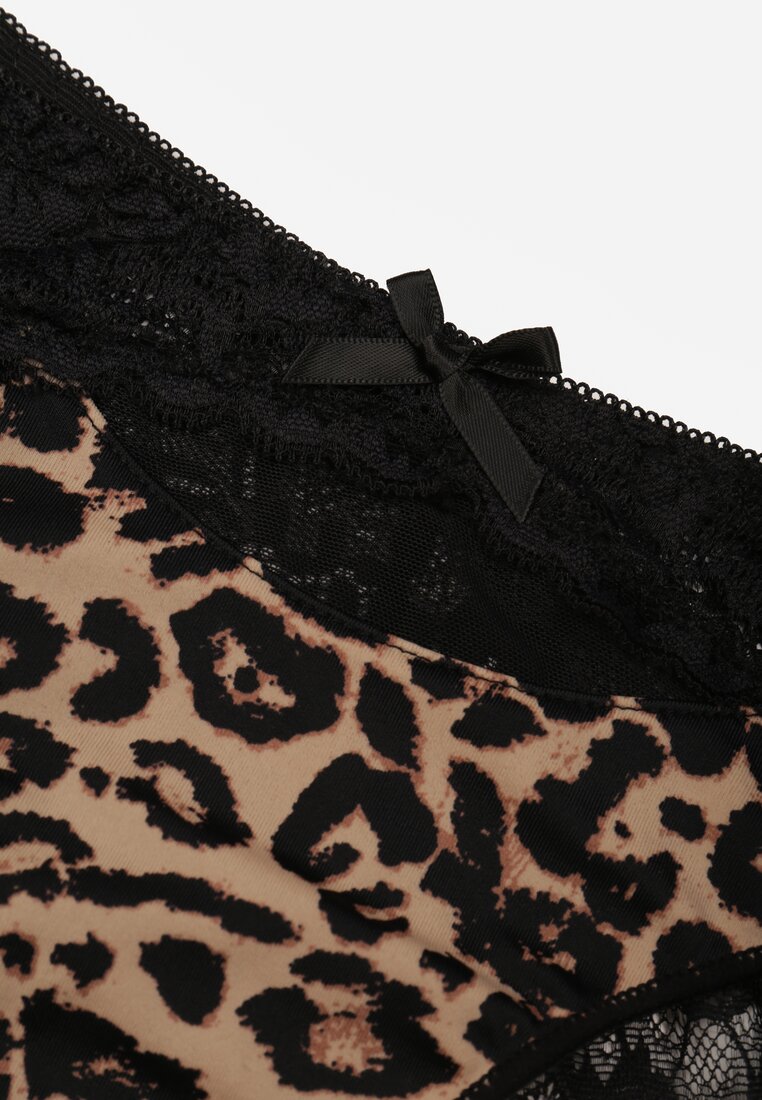 Czarno-Beżowe Majtki Typu Stringi z Koronką Nedareanes