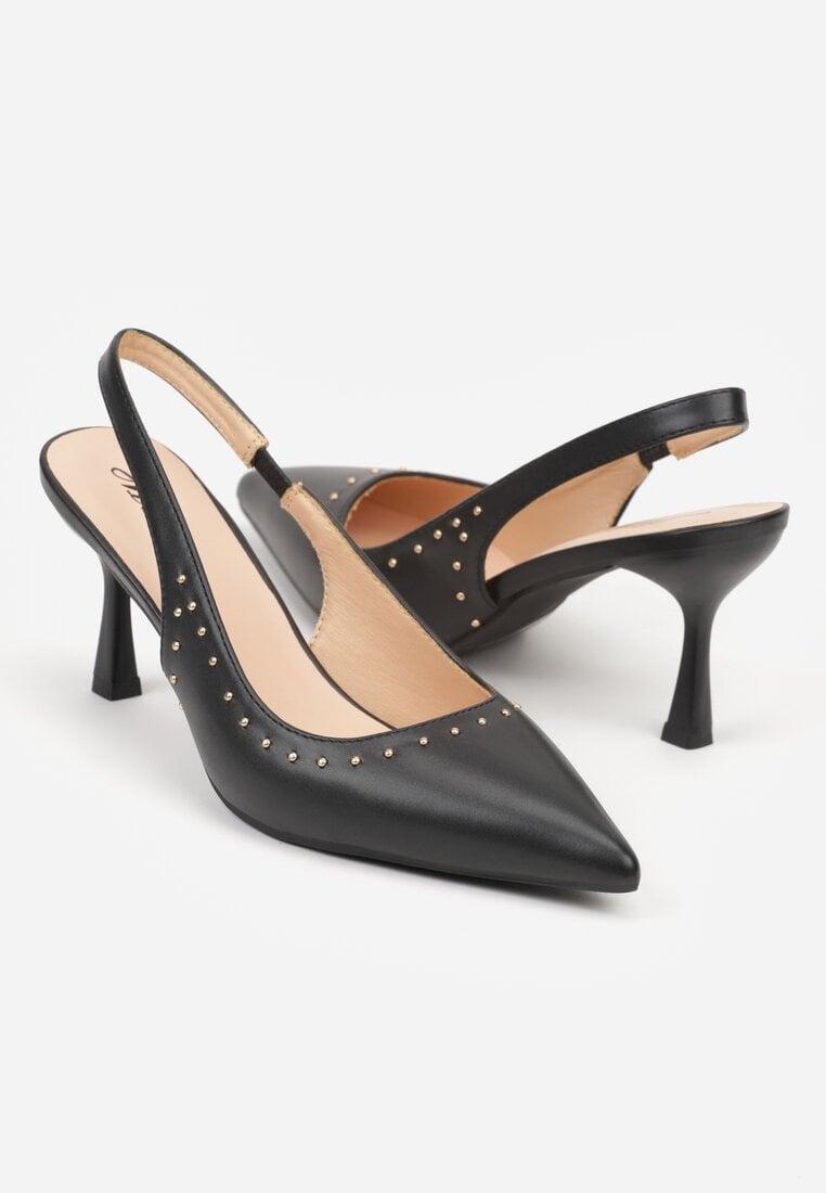 Czarne Sandały na Szpilce z Odkrytą Piętą Zdobione Nitami Sewlora