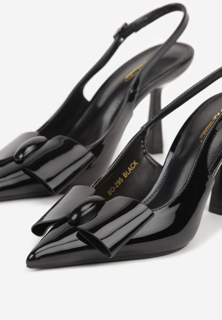 Czarne Lakierowane Szpilki z Odkrytą Piętą i Aplikacją z Kokardą Sewlida