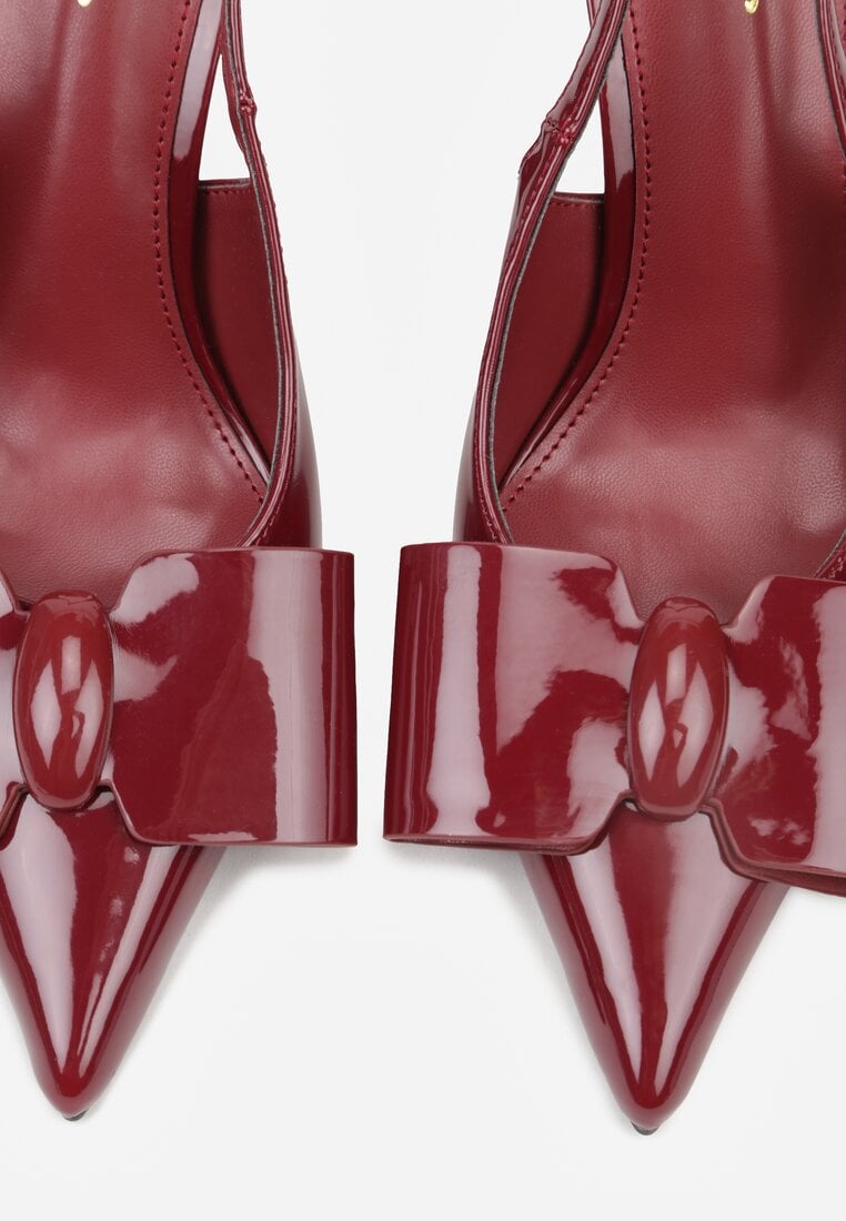 Bordowe Lakierowane Szpilki z Odkrytą Piętą i Aplikacją z Kokardą Sewlida