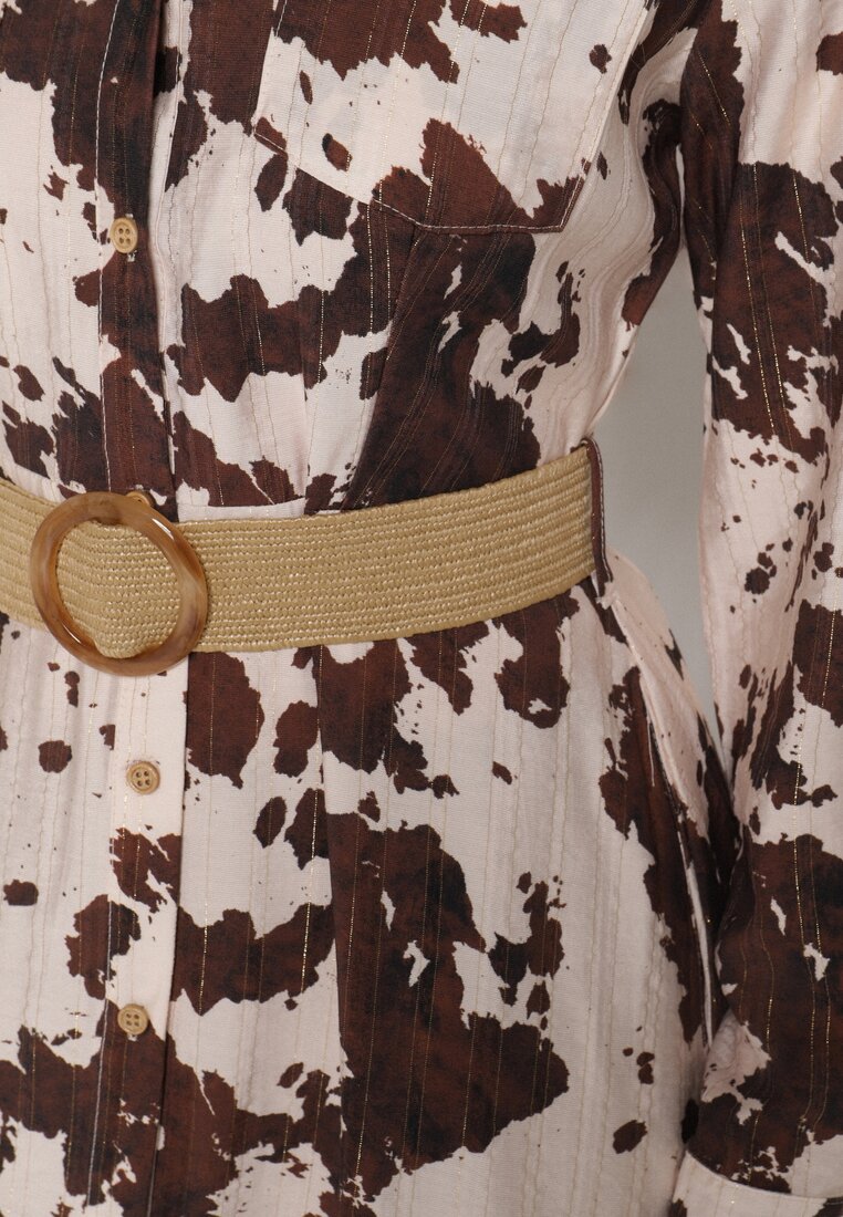 Brązowa Koszulowa Sukienka z Wiskozą w Krowie Łaty z Paskiem Domumbria