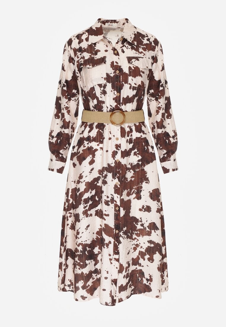 Brązowa Koszulowa Sukienka z Wiskozą w Krowie Łaty z Paskiem Domumbria