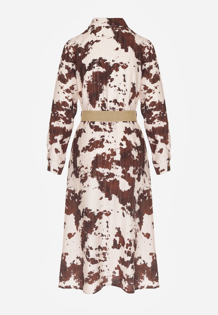 Brązowa Koszulowa Sukienka z Wiskozą w Krowie Łaty z Paskiem Domumbria