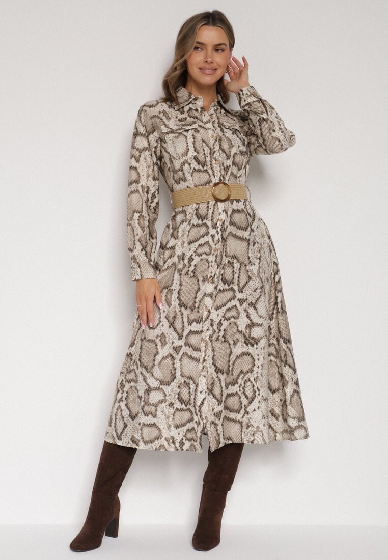 Beżowa Sukienka Koszulowa z Wiskozą Zdobiona Paskiem i Wzorem w Węża Delane