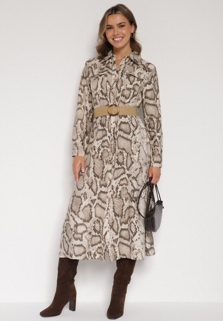 Beżowa Sukienka Koszulowa z Wiskozą Zdobiona Paskiem i Wzorem w Węża Delane