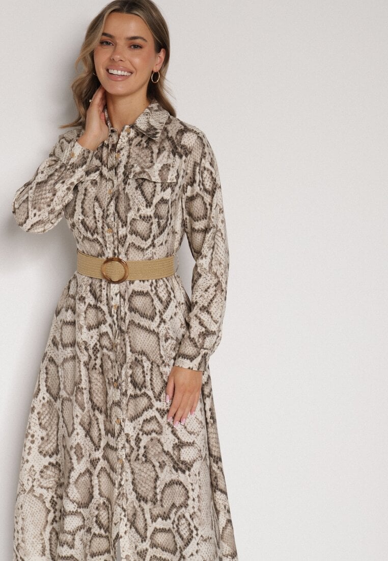 Beżowa Sukienka Koszulowa z Wiskozą Zdobiona Paskiem i Wzorem w Węża Delane